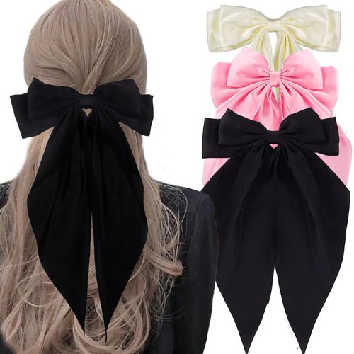 Outyua Silky Satin Hair Bows Oversized Ribbons 3Pcs Long Tail Beige Black Pink Bowknot Barrettes ...