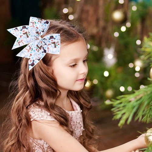 Christmas Cheer Hair Bow Ties with Elastic Christmas Printed Grosgrain Ribbon 7 Inch Snowman Ponytail Hair bow Holder Handmade Cheer Bow Hair Ties for Girls and Women Headdress Decoration 1PCS