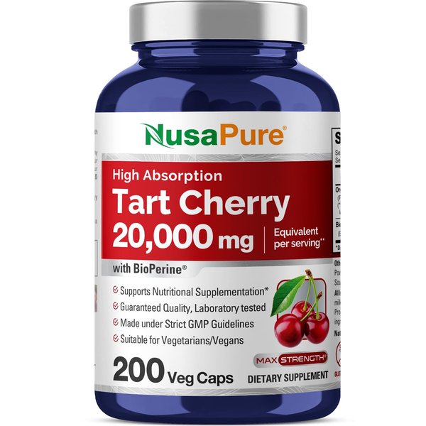 NusaPure Tart Cherry 20,000mg - 200 Veggie Caps (Vegan, Non-GMO & Gluten-Free) with Bioperine and Organic Tart Cherry Fruit