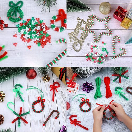 LTGICH 1000Pcs Christmas Tri Beads Plastic Beaded Ornament Kit with 30 Pieces Red and Green Chenille Stems Pipe Cleaners for Christmas Tree House Decorations Party DIY Craft Kit