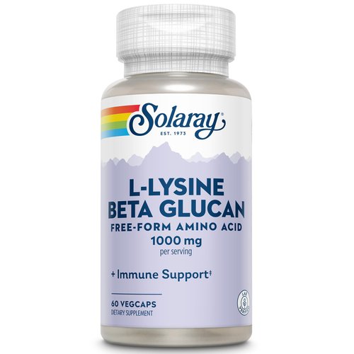 SOLARAY L-Lysine with Beta Glucan, Free Form Amino Acid, L-Lysine 1000mg Capsules, Immune Support Supplement, Healthy Skin and Lips Support, 60-Day Guarantee, Lab Verified, 30 Servings, 60 VegCaps