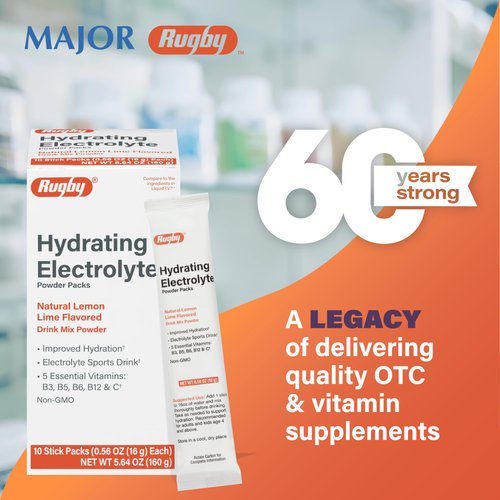 Rugby Hydrating Electrolyte Powder Packs - Drink Mix Powder Packets with 5 Vitamins - Improved Hydration - Natural Lemon-Lime Flavor - 10 Stick Packs - 0.56 Oz Each