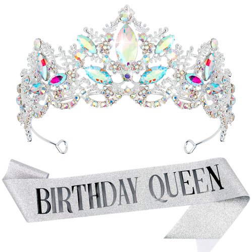 Birthday Crowns for Women, Aprince Birthday Tiaras for Women Crowns and Tiaras for Women Girls Birthday Crown and Birthday Queen Sash Silver AB Crown Queen tiara for Wedding Prom Party Halloween