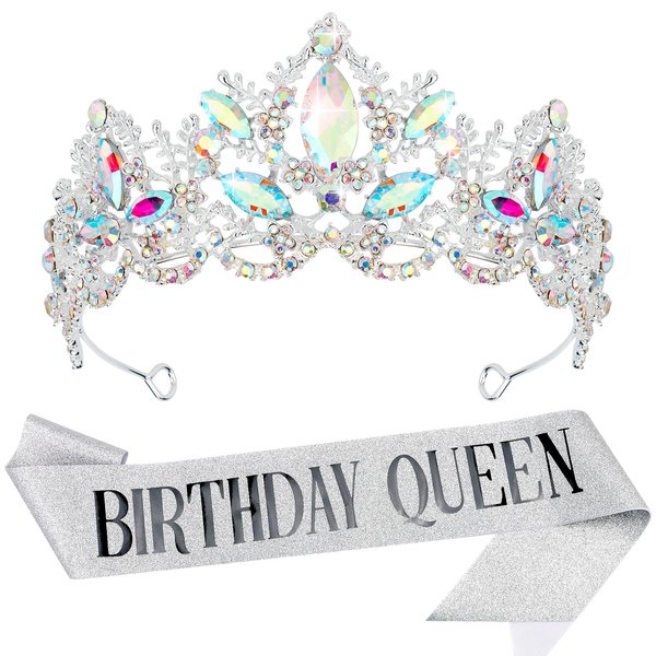 Birthday Crowns for Women, Aprince Birthday Tiaras for Women Crowns and Tiaras for Women Girls Birthday Crown and Birthday Queen Sash Silver AB Crown Queen tiara for Wedding Prom Party Halloween