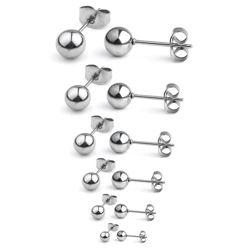 Ruifan 20G Stainless Steel Ball Stud Earrings for Men Women Round 3-8mm 6Pairs - Silver