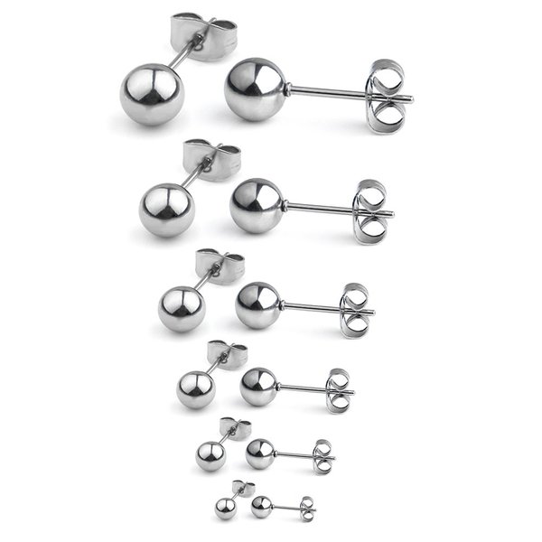 Ruifan 20G Stainless Steel Ball Stud Earrings for Men Women Round 3-8mm 6Pairs - Silver