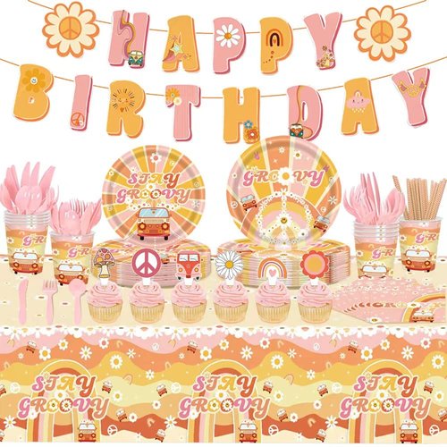 160pcs Groovy Birthday Decorations Party Supplies - Boho Daisy Birthday Banner Hippie Daisy Paper Plates Napkins Cups Tableware Set Tablecloth Cupcake Toppers for Retro Hippie Rainbow Party Decoration