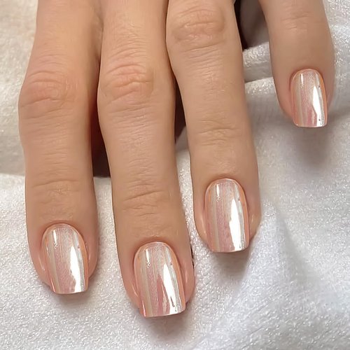 Pink Chrome Fake Nails Short Square Press On Nails Glitter Design Full Cover False Nails With Artificial Glossy Designs Acrylic Nails Reusable Stick On Nails By For Women Nail Decorations 24 Pcs