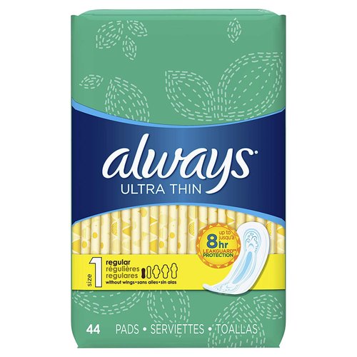 Always Ultra Thin Feminine Pads for Women, Size 1 Regular Absorbency, Without Wings, Unscented, 44 Count