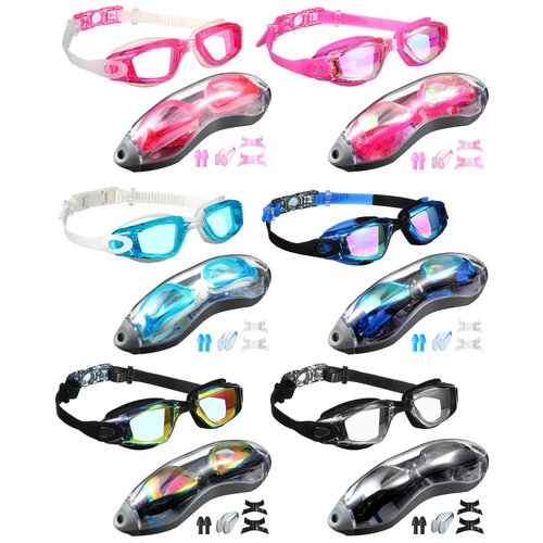 Kanayu 6 Pack Swim Goggles Swimming Goggles No Leaking Full Protection Glasses UV Protection Fog Proof Swim Goggles with Nose Clips Ear Plugs Storage Boxes for Men Women Youth
