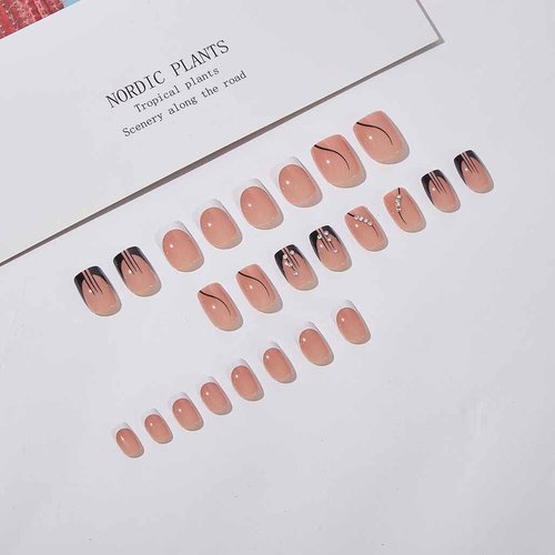 Foccna Square Press on Nails Rhinestone Black Fake Nails Tips Women's French False White Medium Glossy Daily Wear Artificail Nails for Nail Art Manicure Decoration 24pcs