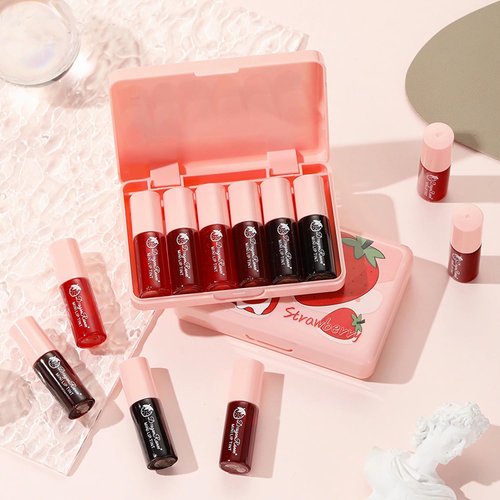 BliBling 6 Colors Lip Tint Stain Mini Liquid Lipstick,Strawberry Lip Tint Moisturizing Natural Lip Gloss,Multi-Use Lip and Cheek Tint,Non-Stick Cup,Lightweight,Vivid Color Lip Makeup