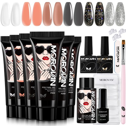 Morovan Poly Gel Slip Solution 120ml Nail Extension Gel Liquid Anti-stick Gel Solution with Brush Cup Nail Cleaner Nail Tips Clip Poly Nail Gel Liquid Solution for Polygel Easy DIY Poly Gel Nail