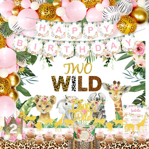 Two Wild Birthday Decorations Girl, Party Inspo Safari 2nd, Jungle Theme Second, Boho Floral 2nd Decorations, Supplies Kit, Banner Backdrop Cake Toppers Balloon Arch Poster Crown Pink