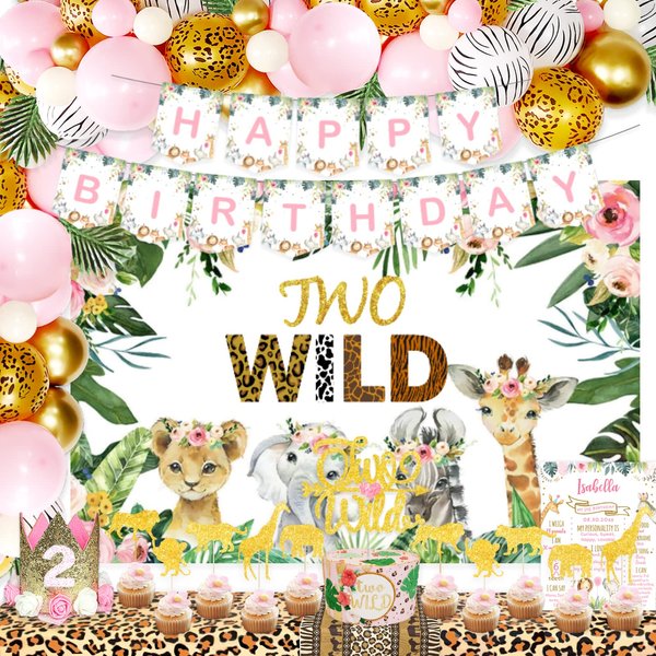Two Wild Birthday Decorations Girl, Party Inspo Safari 2nd, Jungle Theme Second, Boho Floral 2nd Decorations, Supplies Kit, Banner Backdrop Cake Toppers Balloon Arch Poster Crown Pink