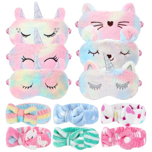 12 Packs Sleep Eye Mask for Girls Sleepover Soft Plush Unicorn Rainbow Animal Sleep Eye Cover Sleeping Eye Shade Funny Bow Headbands Elastic Hair Band for Women Overnight Sleepover Party Supplies