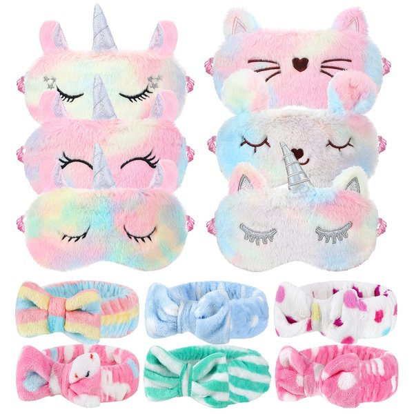 12 Packs Sleep Eye Mask for Girls Sleepover Soft Plush Unicorn Rainbow Animal Sleep Eye Cover Sleeping Eye Shade Funny Bow Headbands Elastic Hair Band for Women Overnight Sleepover Party Supplies