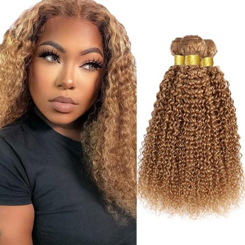 Honey Blonde Bundles Color #27 Curly Human Hair Bundles Brazilian Virgin Hair Color #27 Bundles Human Hair Honey Blonde Kinky Curly Bundles Hair Weave 16 18 20 Inch