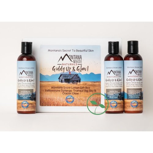 Montana Snow Lotion - Organic Hydrating daily moisturizing lotion for dry skin, Shea body lotion, 100% natural non toxic body lotion, Vit E and aloe vera 8oz (Montana Snow Lotion Gift Box)