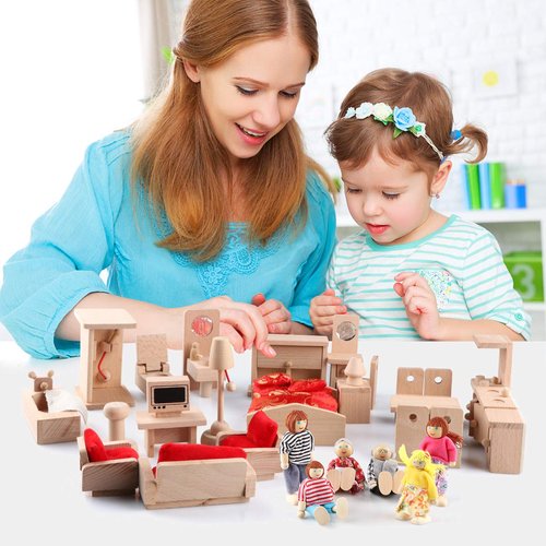5 Set Dollhouse Furniture Accessories Wooden Bathroom/Living Room/Dining Room/Bedroom/Kitchen House 6 Family Doll Decoration Pretend Play Kids Christmas Birthday Gifts for Girls Toys 40 Pcs