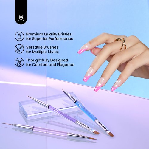 Beetles 3 Pcs Gel Nail Art Brushes Set Gel Polish Design Pen Painting Tools with Liner Brushes Petal Painting Brush and Oval Brush DIY at Home Manicure for Girls