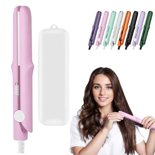 Omaky Upgraded 2-in-1 Mini Curling Wand Flat Iron Hair Straightener, Long-Lasting Portable Travel Curling Wand for Women Girls Short Hair, All Hair Types(Pink)