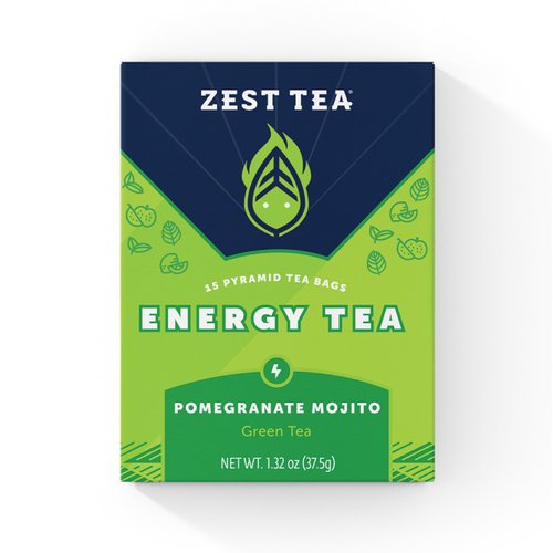 Zest Tea Premium Energy Hot Tea, High Caffeine Blend Natural & Healthy Black Coffee Substitute, Perfect for Keto, 135 mg Caffeine per Serving, Pomegranate Mojito Green Tea, Tin of 15 Sachet Bags