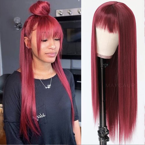 Maycaur Burgundy Red Synthetic Hair Wigs with Full Bangs Long Straight Women's Wig Heat Resistant Synthetic No Lace Front Wigs for Fashion Women