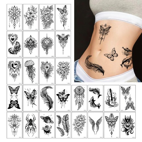 TORMEN 30 Sheets Temporary Tattoos, Mixed Styles Temporary Tattoo– Waterproof, Realistic & Long-Lasting Fake Tattoos for Kids, Adults, Parties & Festivals(Dark C)