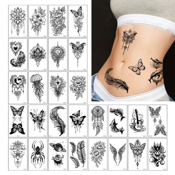 TORMEN 30 Sheets Temporary Tattoos, Mixed Styles Temporary Tattoo– Waterproof, Realistic & Long-Lasting Fake Tattoos for Kids, Adults, Parties & Festivals(Dark C)