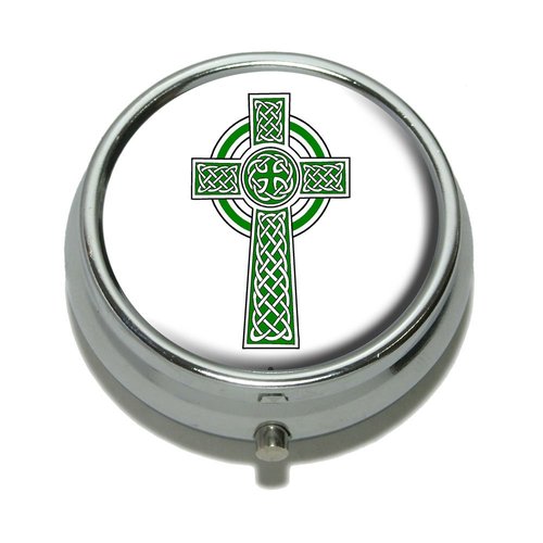 Celtic Christian Cross - Irish Ireland Scotland Scottish - Green White Pill Case Trinket Gift Box