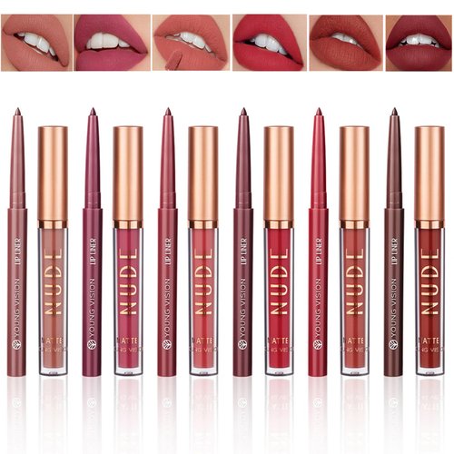 Dynaeuty 12Pcs Matte Liquid Lipstick + Lip Liner Pens Set, One Step Lips Makeup Kits Pigment Velvety Nude Lip Stain Waterproof Long Wear Lip Gloss Make up Set