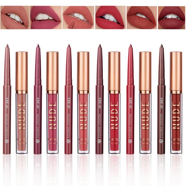 Dynaeuty 12Pcs Matte Liquid Lipstick + Lip Liner Pens Set, One Step Lips Makeup Kits Pigment Velvety Nude Lip Stain Waterproof Long Wear Lip Gloss Make up Set