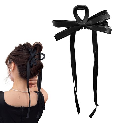 Bow Hair Clips with Long Tail Black Resin and Satin Bow Hair Claw Clip with Tassel Ribbon Women's Cute Hair Accessories Bow-knot Hair Clips for Women and Girls
