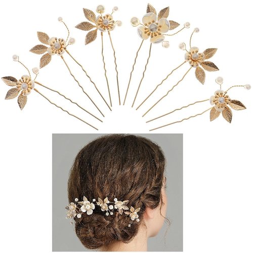 6PCS Wedding Hair Pins for Flower Girl Bridal Hair Clips for Bridesmaids Gold Leaf and White Flower Wedding Hair Pieces for Bride Hair Accessories for Party Prom Birthday