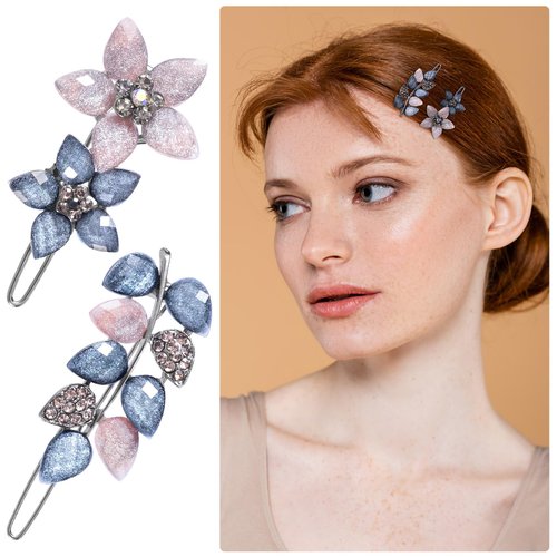 HINZIC 2Pcs 2inch Gray Pink Crystal Rhinestone Hair Clips Vintage Small Flower Snap Clips Sparkly Decorative Hair Barrettes Wedding Engagement Prom Hair Accessories for Women Bride