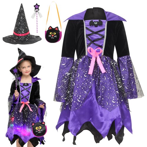 EOZY Girls Light Up Witch Costume Set Halloween Cosplay Party Dress Up with Hat, Magic Wand and Tote Bag