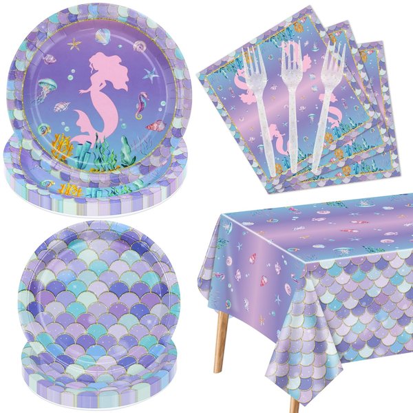 Mermaid Party Decorations - 81Pcs Mermaid Party Tableware Set, Mermaid Scale Theme Tablecloth, Mermaid Plates and Napkins for Under the Sea Ocean Little Mermaid Birthday Party Supplies, Serves 20