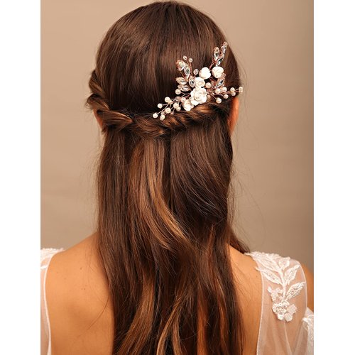 YERTTER Floral Wedding Hair Pins for Brides and Bridesmaids Flower Rose Bridal Clips Boho Crystal Rhinestones Decorative Hair Pieces for Women Girls (Rose Gold)