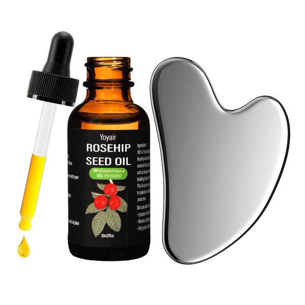 Yoyair Gua Sha Facial Tools & Rosehip Oil 2 in 1, Stainless Steel Gua Sha Tool, Premium Gua Sha Set with Oil for Facial Skin Care Body Eyes Neck Massage