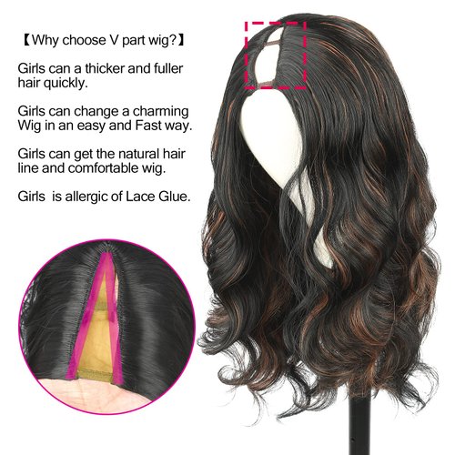Aisaide Highlight Brown V Part Wig Body Wave Half Wigs for Black Women Long Wavy Wig V Part Wig U Part Wig Ombre Honey Blonde Synthetic Clip in Hair Extensions V Shape Wig 24inch 1B/30/350