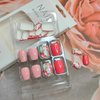 24Pcs Flower Press on Nails Short Fake Nails Pink Glue on Nails Red Floral Artificial Nails Spring Cute False Nails Glossy Square Coffin Acrylic Stick on Nails for Women Girls Manicure Tips