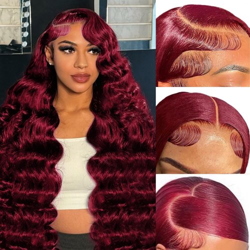 28 inch 99j Burgundy Lace Front Wigs Human Hair 180 Density13x4 Body Wavy HD Lace Front Wigs Human Hair Burgundy Wig Human Hair Pre Plucked with Baby Hair Burgundy Wine Red Glueless Human Hair Wigs