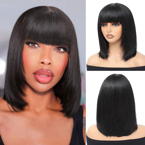 12 Inch Straight Bob Wig with Bangs Human Hair Ready to Go Glueless Wigs 2.5x1 Closure HD Lace Layered Cut Wig Bob Short Wigs with Bangs Minimalism for Women 180% Density