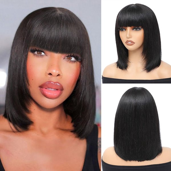 12 Inch Straight Bob Wig with Bangs Human Hair Ready to Go Glueless Wigs 2.5x1 Closure HD Lace Layered Cut Wig Bob Short Wigs with Bangs Minimalism for Women 180% Density