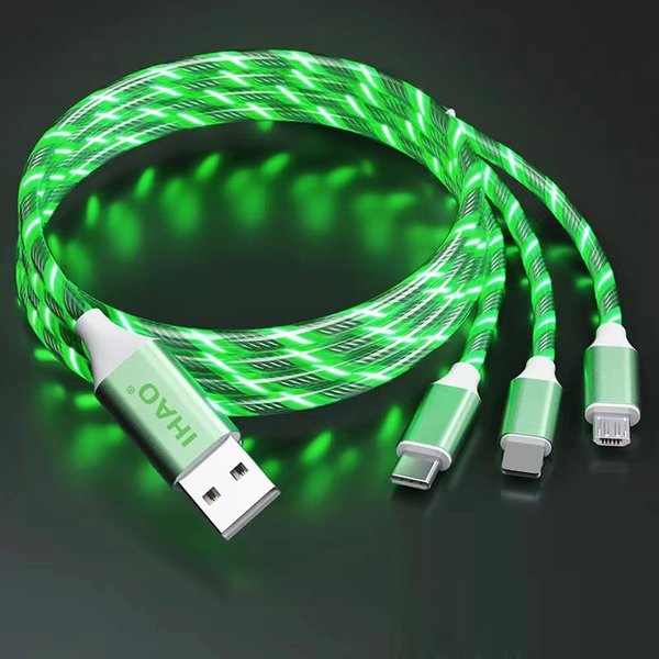 IHAO Multi Ports Charger Cable 3 Combinations in One Cable USB A to USB C/Micro USB PD Fast Charging Cord Lighted Up LED Flowing Compatible with All Kinds of Electric Device-3in1 Green LED Light