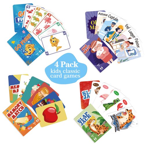 Card Games Go Fish,Old Maid,Slap Jack and Memory Match-4 Decks in 1 Pack,Classic Card Games for Kids Toddlers,Fun Kids Games for Family Party Game Night,Stocking Stuffers Gifts for Boys and Girls