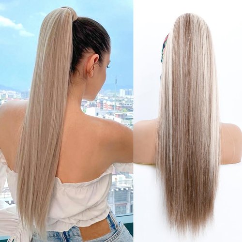 MEGICAEBEAUTY Long Straight Drawstring Ponytail Extensions 26 inch Long Synthetic Pony Tail Hairpieces Clip in Ponytails Extension for Women Girls （26 inch,160g,Piano Blonde）