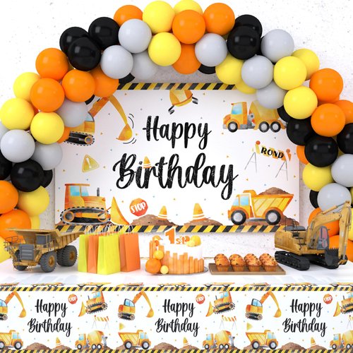 Construction Birthday Party Decorations Supplies, Construction Theme Tablecloth Backdrop, 2 Foil Balloons, Balloon garland Party Decor for Kids Boys