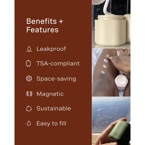 Cadence Travel Containers - Body Care Capsule Set - Magnetic Travel Capsules - For Body Wash, Lotions, Sunscreens - 3 Flex Mediums (1.32oz) with Body Wash, Lotion, & Sun Icon Labels - Eucalyptus